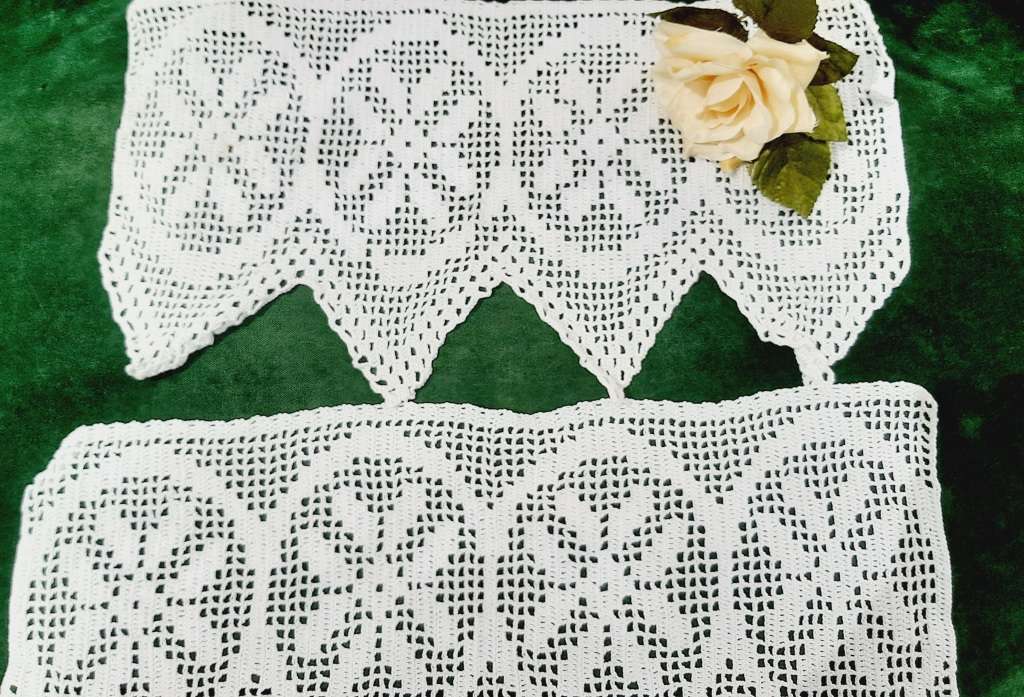Two pieces of filet crochet edging - white - 38cm long and 22cm wide