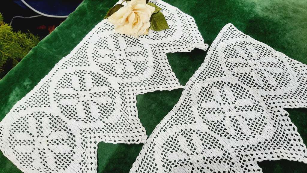 Two pieces of filet crochet edging - white - 38cm long and 22cm wide