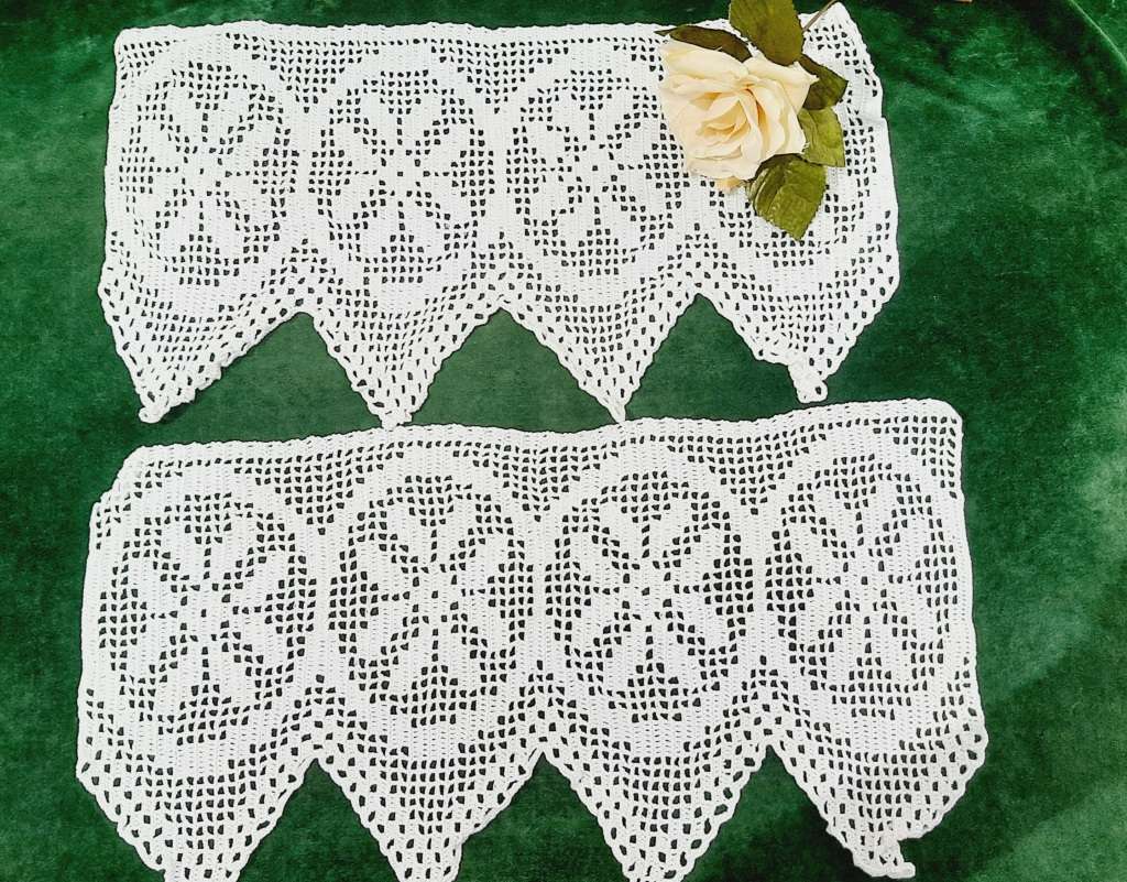 Two pieces of filet crochet edging - white - 38cm long and 22cm wide