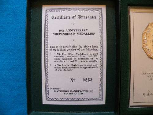 Rhodesia 10th anniversary independance medallion 62 grams fine silver no 553 of 1500