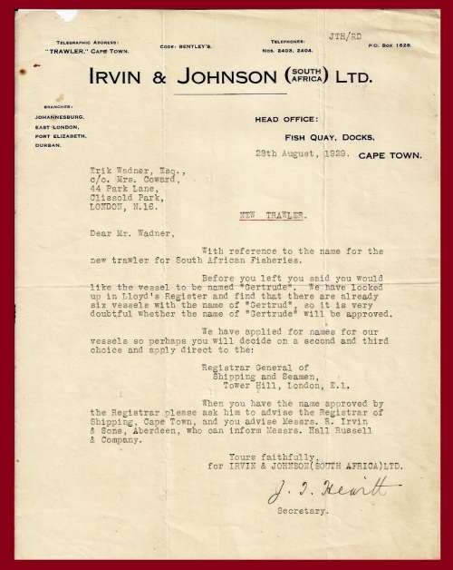 DOCUMENT RELATING TO MOSSEL BAY TRAWLER - "GERTRUDE WADNER" 1929.