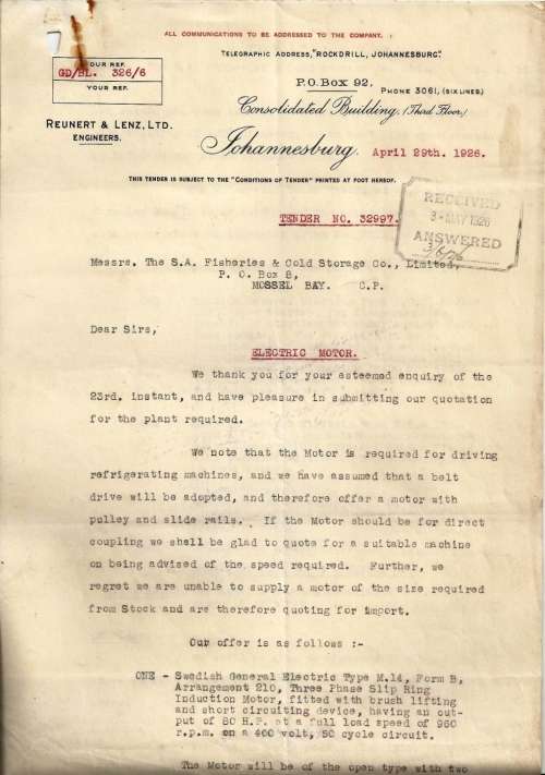 DOCUMENT RELATING TO S.A. FISHERIES, MOSSEL BAY - 1926.