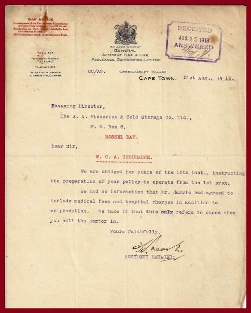 DOCUMENT RELATING TO S.A. FISHERIES, MOSSEL BAY - 1918.