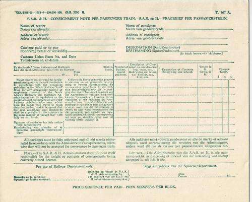 SOUTH AFRICAN RAILWAYS "CONSIGNMENT NOTE" AS ILLUSTRATED.