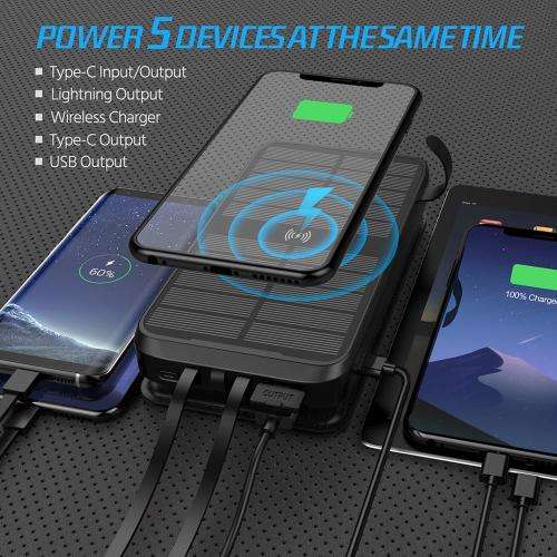 Solar Power Bank 20 000MAh Folding Solar Panel Portable with LED Torch and wireless charging