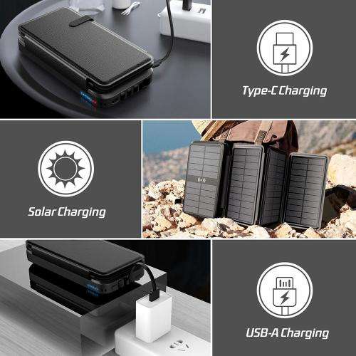 Solar Power Bank 20 000MAh Folding Solar Panel Portable with LED Torch and wireless charging