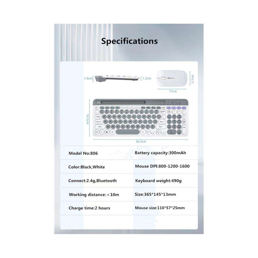 DW 2.4G + Bluetooth Dual Mode Wireless Rechargeable Keyboard and Mouse Combo Round Keycap - ZYG-806