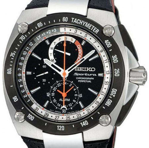 SEIKO SPORTURA CHRONOGRAPH PERPETUAL Quartz 100m Black Dial Sapphire Glass Alarm Perpetual calendar