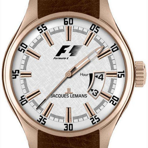 JACQUES LEMANS FORMULA 1 MONZA Quartz 100m Rose Gold Ion Plated Steel Silver Dial Leather Strap
