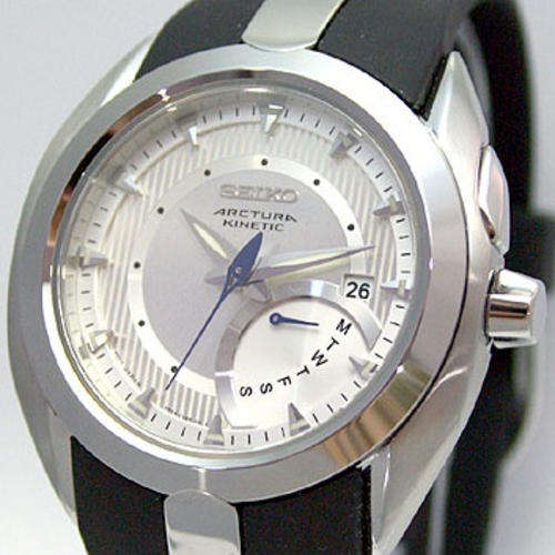 SEIKO ARCTURA Kinetic 100m Steel Silver Metallic Dial Day/Date Sapphire Crystal Urethane Strap
