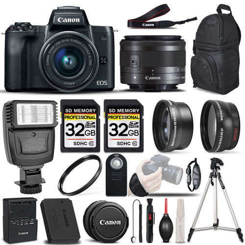 Canon EOS M50 Mirrorless Digital SLR Camera - 3 Lens Kit + 64GB + PRO FLASH