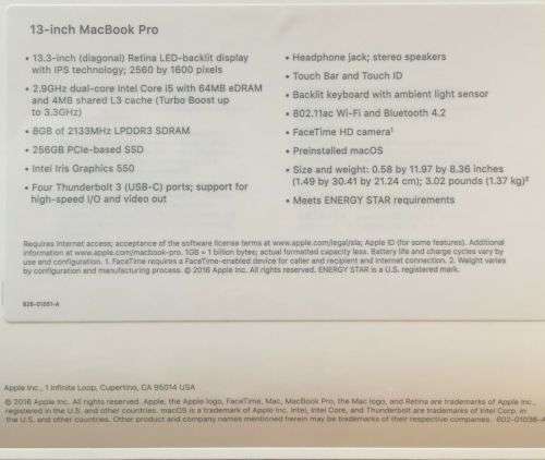 MacBook Pro 13-inch Silver / 2.9GHz / 8GB / 256GB / Touch Bar
