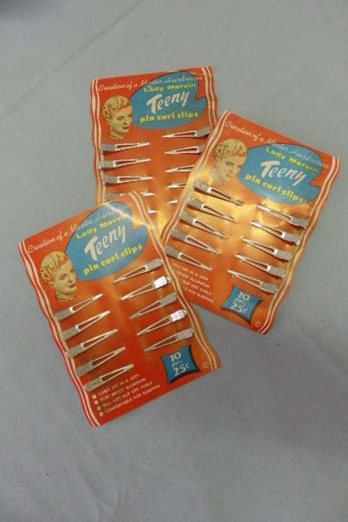 THREE AMAZING VINTAGE "LADY MERVIN TEENY PIN CURL CLIPS" CARDS WITH 10 CLIPS PER CARD bid/card