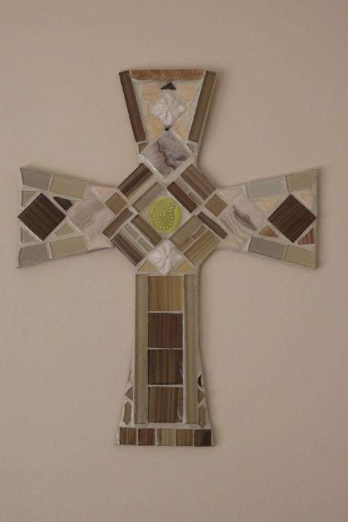 A STUNNING (LARGE) HANDMADE MOSAIC CROSS ON A WOODEN BASE WITH GREENS AND BROWN GLASS TILES