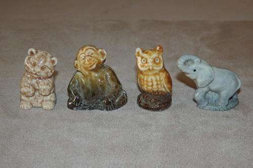 FOUR STUNNING VINTAGE "WADE" OF ENGLAND "WHIMSIES" FIGURINES INCLUDING THE ELEPHANT AND OWL