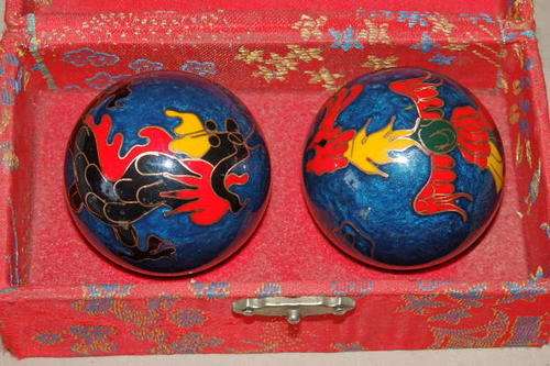 AN STUNNING BOXED SET OF CHINESE CLOISONNE BAODING (CHIMING) BALLS IN PRISTINE CONDITION