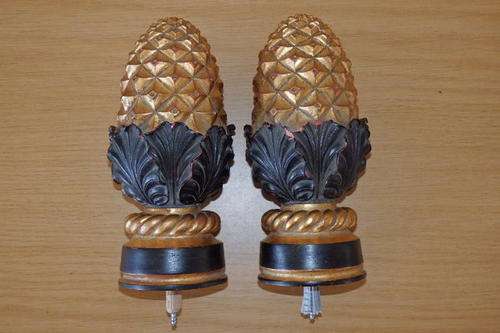 TWO EXQUISITE LARGE "ANTIQUE GOLD AND BLACK" CARVED PINE CONE CURTAIN RAIL FINIALS bid/finial