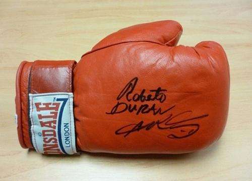WOW!!!!!  Red Leather Glove Dual Signed by Sugar Ray Leonard and Roberto Duran photo