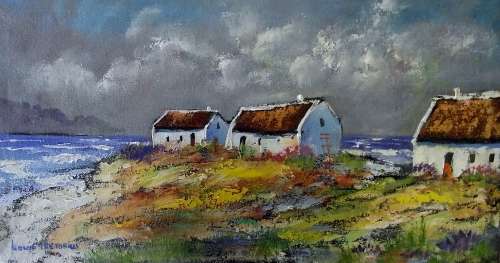 SEA COTTAGES (oil on stretched canvas and can be hung as is: 470mm x 250mm x 20mm)
