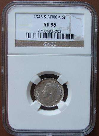 1945 South African 6 Pence NGC Graded AU58