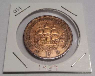 Union of South Africa One Penny Coin 1937 : UNC : Good Condition : #011