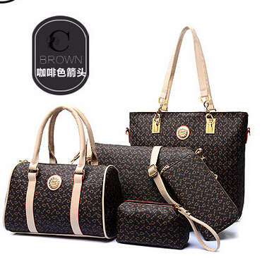 5 pieces set classic pattern ladies handbags, purse, shoulder bag. Dark Brown color.