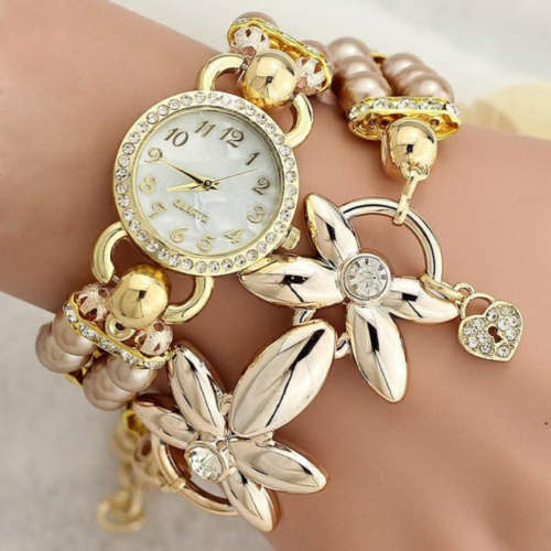 Pearl Rhinestone Bracelet Quartz Watch - White