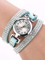 Rhinestone Leather Round Bracelet Wristwatch - Blue and Silver