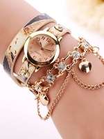 Leather rhinestone rivet chain watch - beige