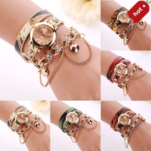 Leather Rhinestone Rivet Chain Watch