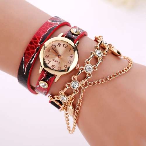 Leather Rhinestone Rivet Chain Watch
