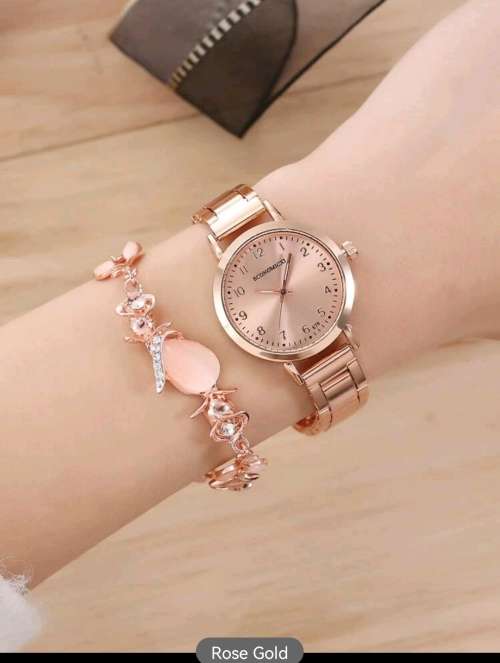 1pc Round Pointer Quartz Watch & 1pc Bracelet