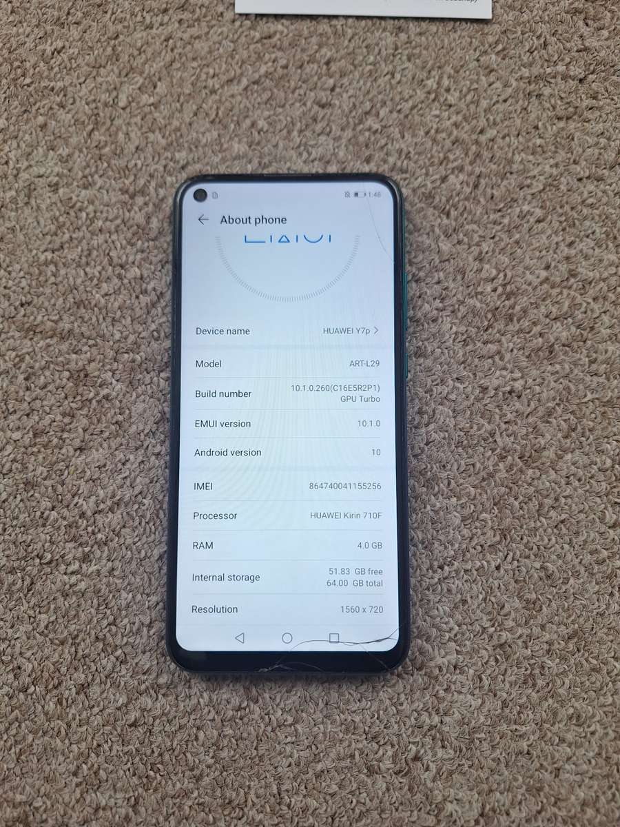 Huawei Y7p 64gb 4gb ram single sim with cover