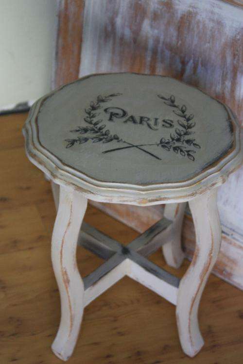 Vintage Antiqued chalk paint, distressed, shabby chic end table - Paris graphic image