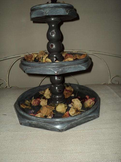 Vintage upcycled wooden three tier snack tray or cake stand or cup cake stand