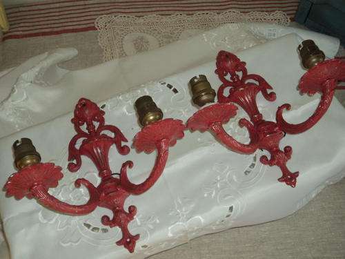 Antique Heavy Brass Lobster red victorian cottage PAIR 2 light double wall sconce/ light fixture