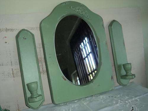Vintage Upcycled Distressed Wood Mirror and Candle Wall Sconces - Shabby Chic - Asparagus Green