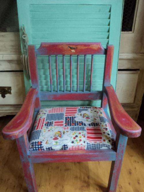 Wood kiddies chair - Upcycled red and blue and a touch of Pink....Vintage upholstered seat - CUTE!!!