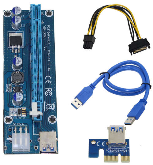 PCI-E 1X to 16X Ver006c Riser Card + 600mm USB 3.0 Cable + Power Cable