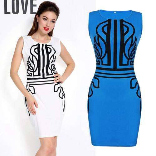 BLUE WITH PRINT DETAILED  SMART OFFICE DAY EVENING PARTY DRESS