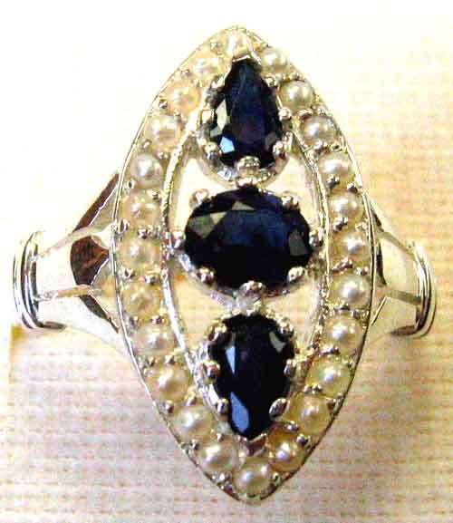 Sterling Silver Seed Pearls and Genuine Blue Sapphires Ring
