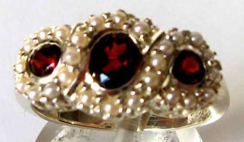 925 -Sterling Silver , Triple Garnet and Genuine Seed Pearls Ring