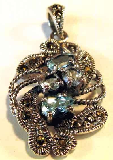 Sterling Silver, Marcasite  and Genuine Blue Topaz Pendant