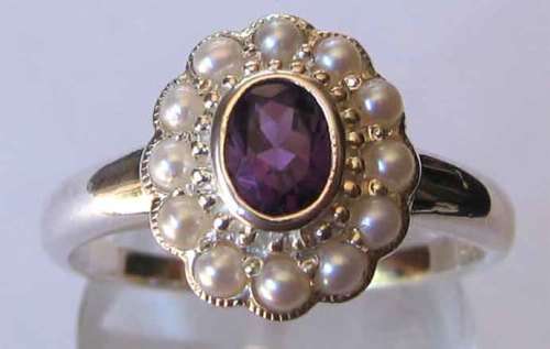 Elegant  Sterling Silver Seed pearls  & Amethyst Ring