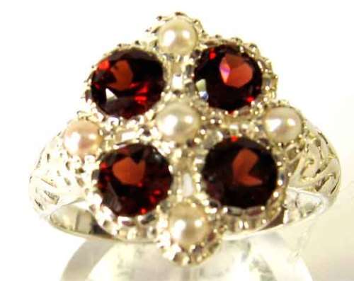 Beautiful  925 Sterling Silver Genuine  Garnets and Seed Pearls Ring