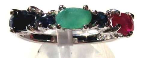 Genuine Rubies Emerald and Sapphires in Sterling Silver Ring