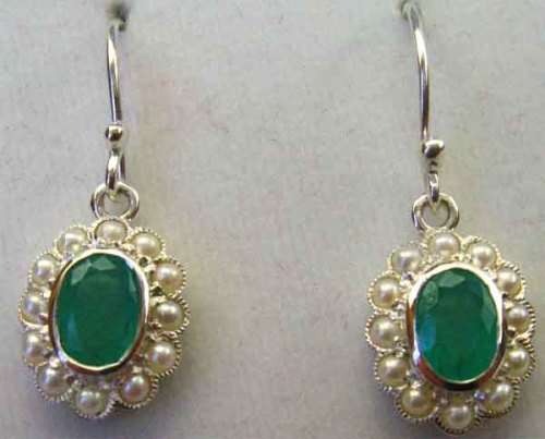 925- Sterling Silver &   Emeralds and Seed Pearls Pearls Earrings.