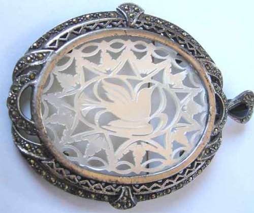 Big and Beautiful Sterling Silver Onyx, Shell and Marcasite Pendant & Brooch