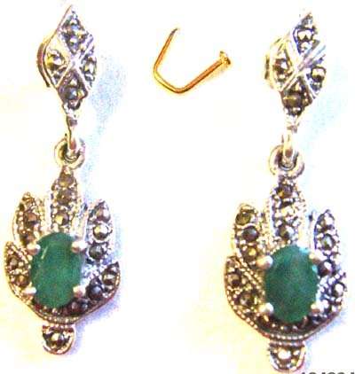 Gorgeous  Sterling Silver Marcasite & Genuine Emeralds drop/ Earrings