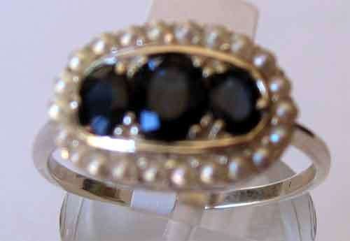 Genuine Blue Sapphires and Seed Pearls in Sterling Silver Ring.